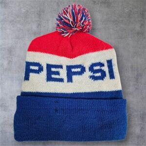 Vintage Pepsi Beanie‎ Hat Knit Cap Winter Pom Pom Logo Red White Blue C105